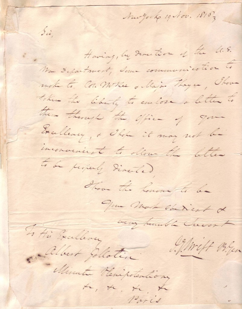 SWIFT, JOSEPH GARDNER. Autograph Letter Signed, J.G. Swift B. Gen, to U.S. Minister to France Albert Gallatin,